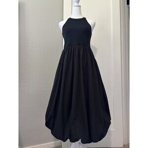 Korean Minimalist XS S Black Bubble Hem Balloon Midi Dress Sculptural Art Wear